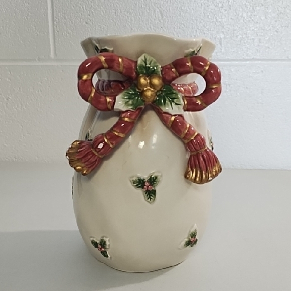 Vintage Fitz & Floyd Bow & Holly Holiday Ceramic Vase with Red and Gold Accents - Picture 1 of 8